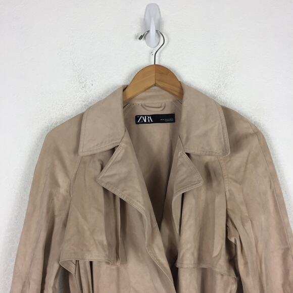 Zara Tan Trench Coat XS Faux Suede Double Breasted Belted Classic Mid Length - Picture 4 of 16
